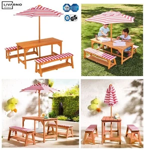 Kinder Sitzgruppe Livarno Kinder Gartentisch-Set 2 Bänken Auflagen & Schirm NEU - Bild 1 von 7