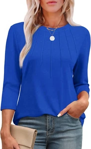 3/4 Length Sleeve Womens Tops round Neck Casual Tunic Tops Basic Pleated Shirts - Picture 1 of 12