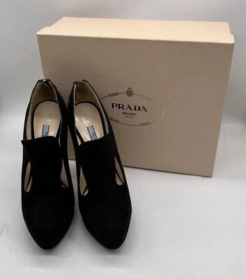 Prada Negro Gamuza Recortado Cremallera Trasera Zapato Bota Plataforma Carrete Tacón Bomba talla 39  Foto 1 de 4