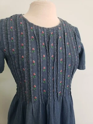 Vestido Midi De Colección Denim 100% Algodón 6 Bordado Años 90 Corbata Manga Corta Modesto Foto 1 de 4