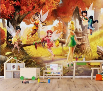 Tinker Bell bedroom Wallpaper Disney wall mural 141x100in fairies orange autumn - Image 1 of 4
