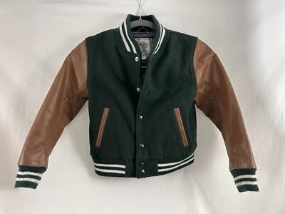 Chaqueta Universitaria Genuina Golden Bear X Crewcuts Niños Cuero Lana Verde EE. UU. Foto 1 de 4