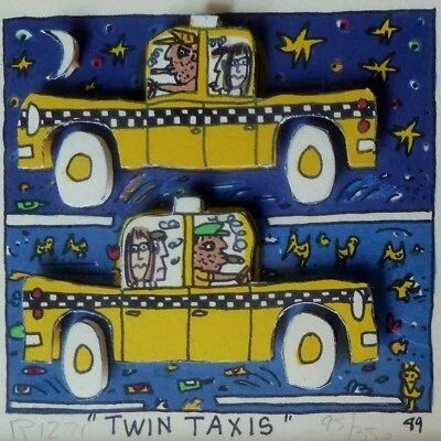 James Rizzi Nyc Zwilling Taxi N.Y 1989 Handsigniert 3-D Serigrafie Gerahmt Pop - Bild 1 von 4