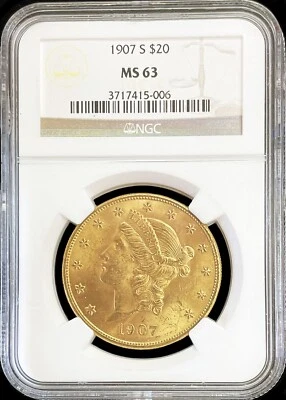 Moneda de 20 dólares Liberty Double Eagle 1907 S de oro de Estados Unidos NGC COMO NUEVA 63 Foto 1 de 2
