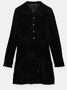 Worn Once Gorgeous Black Velvet ZARA Tiered Jewel Button Shirt Dress S 10 - Picture 1 of 6
