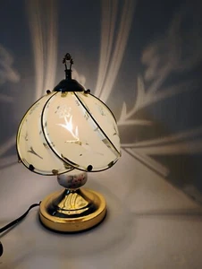 Vintage Brass Touch Lamp Glass Shade Floral Detail 3 Way 15" h - Picture 1 of 5