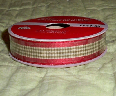 Green Checked with Red Border*Satin Ribbon*5/8" Wide*12 Feet - Image 1 of 4