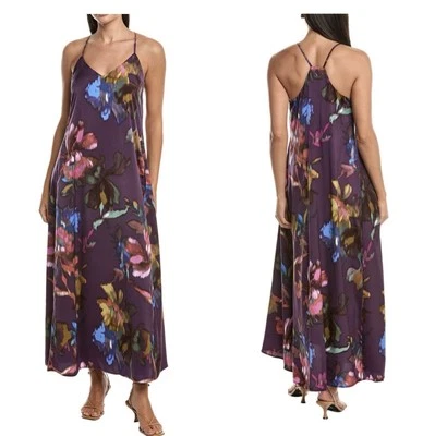 Vestido maxi feminino Nicole Miller Palma cetim roxo estampa abstrata GRANDE NOVO COM ETIQUETAS - Imagem 1 de 4