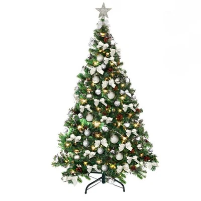 Weihnachtsbaum 210 cm mit silberner Deko und Led Lichterkette + Fernbedienung - Bild 1 von 4