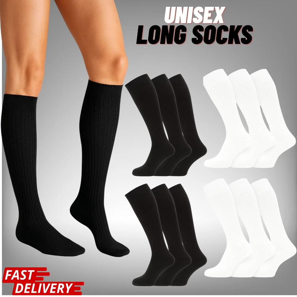 GLOSSY LONDON 3,6 12 Pairs Mens Womens Unisex Long Hose Ribbed Grip Cotton Knee High Sock 6-11