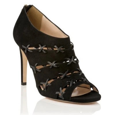 L.K. Bennett Negro Gamuza Peep Punta Abierta Jaula Botines Bombas Tacones EU 40 US 9 Foto 1 de 4