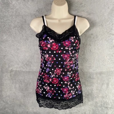 Camiseta sin mangas Y2k pequeña floral a lunares cami negra encaje ribete hada grunge indie Foto 1 de 4