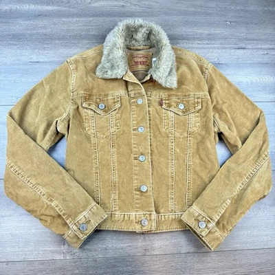 Chaqueta de Camionero Recortada Pana Cuello de Piel Sintética Y2K Levi's De Colección Para Mujer Pequeña Dorada Foto 1 de 4
