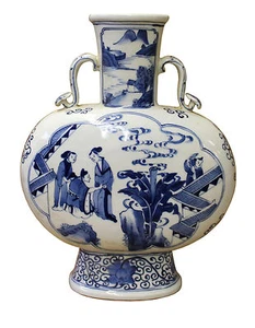 Chinese Blue White Porcelain People Theme Flask Shape Vase cs3025 - Picture 1 of 6