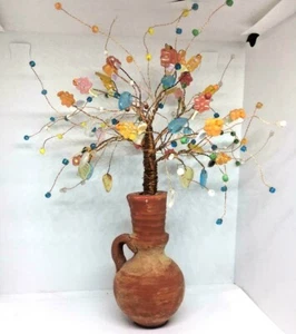 Vintage A tree Made  Argentium Copper Wire Glass Beads Pebble Stone Pottery Jar - Picture 1 of 12