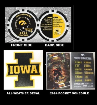 2024 IOWA HAWKEYES ФУТБОЛ РАСПИСАНИЕ ПОКЕР ФИШКА И ВИНИЛОВЫЙ ЧЕХОЛ И IOWA «I» НАКЛЕЙКА - Изображение 1 из 4