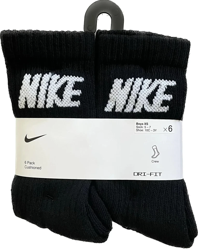 NIKE Boys Socks Crew Cushioned Dri Fit Kids School 6 Pair Shoe Size 10C-3Y Black