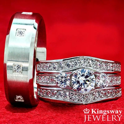 Juego de 4 anillos de boda His & Hers para mujer PLATA ESTERLINA Y ACERO INOXIDABLE para hombre  Foto 1 de 4