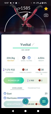 Pokemon Trade Go Yveltal Nivel 15 Investigación para Truj Foto 1 de 2