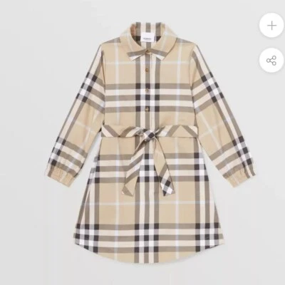 NUEVO CON ETIQUETAS Burberry Niños Niñas Arena Pálida Cuadros Corbata Cintura Camisa Talla 14 Foto 1 de 4