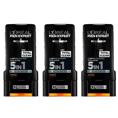L'ORÉAL 3 x L'Oreal Men Expert Total Clean Carbon Shower Gel 300ml Face Body & Hair