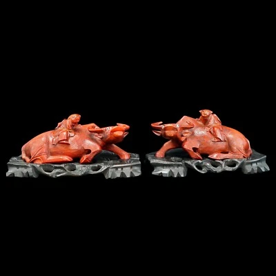 Mirror Pair of Vintage Chinese Hong Kong Carved Wood Water Buffalo Figures c1930 - Image 1 of 4