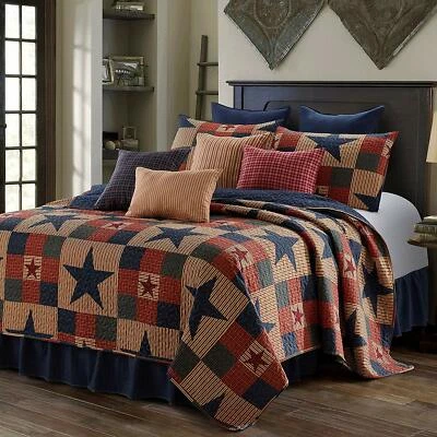 Full Queen King Stars Stripes Plaid Navy Red Rustic Cabin 3pc Quilt Set Coverlet - Image 1 of 2