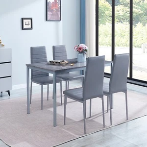 4pcs Grey Faux Leather Dining Chairs & Grey Marble MDF Top Dining Table Set - Picture 1 of 12