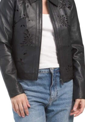 Chaqueta Bod & Christensen de cuero negro con detalles de corte floral talla grande $500 nueva con etiquetas Foto 1 de 4