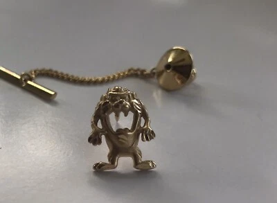 14k Yellow Gold Tasmanian Devil (Custom Made) Tie Tack / Pin with Chain - Image 1 of 2