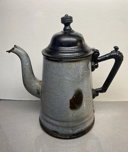 Antique Enamelware Graniteware Coffee Tea Pot Pitcher Primitive farmhouse - Picture 1 of 19