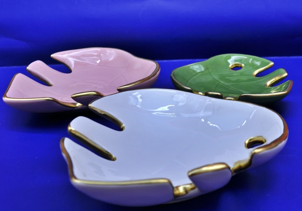 Vagabond Goods 3 Piezas Cerámica Monstera Joyería Plato - Rosa, Blanco, Verde, Dorado Foto 1 de 4