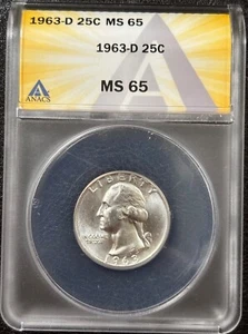 1963-D Washington Quarter 25C 90% Silver- ANACS MS65 - All White (#688) - Picture 1 of 6