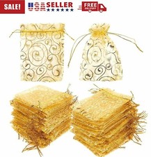 50/100Pcs 4"x5" Golden Drawstring Organza Pouches Wedding Party Favor Gift Bags