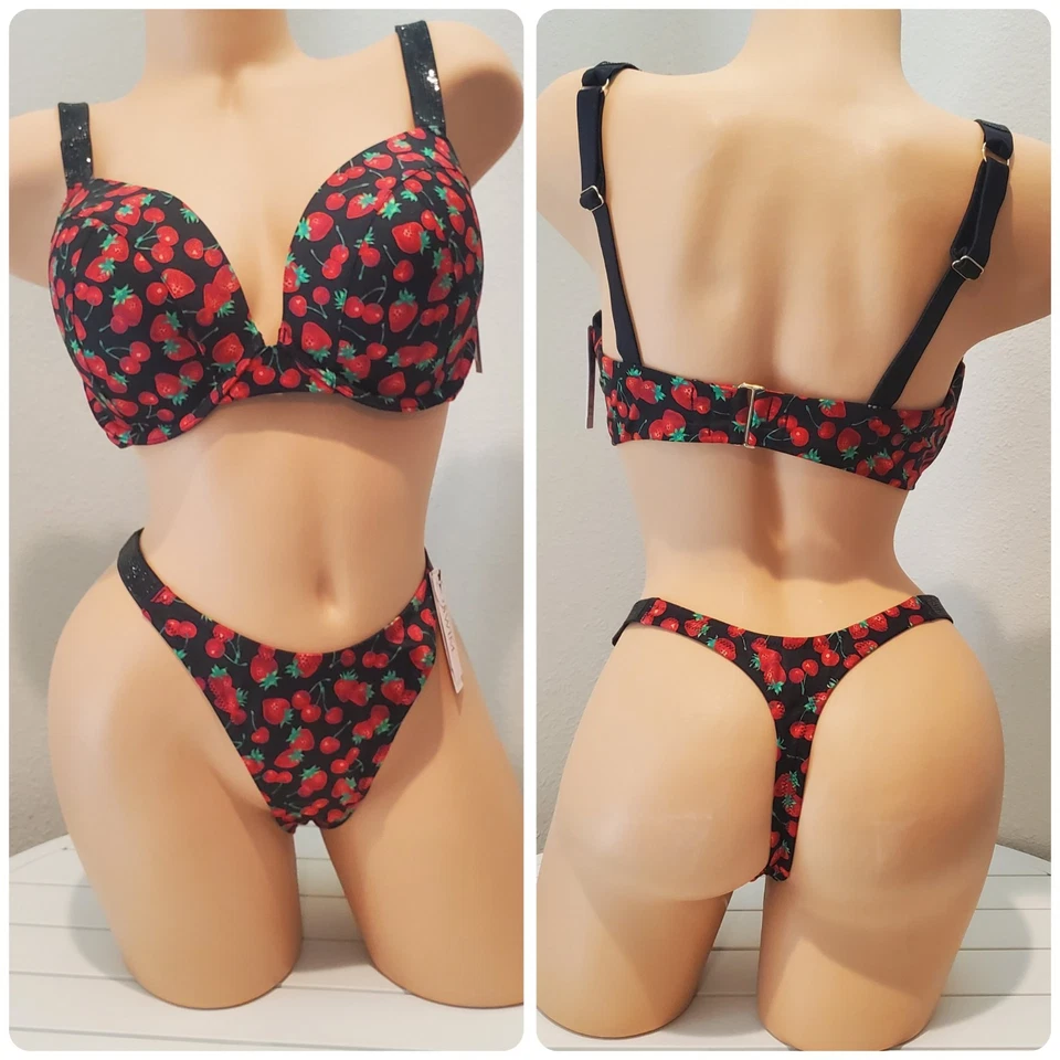 Victoria’s Secret Bikini Set Swim Shine Strap Push Up Thong Cherry Print 38D/M - Image 1 of 4