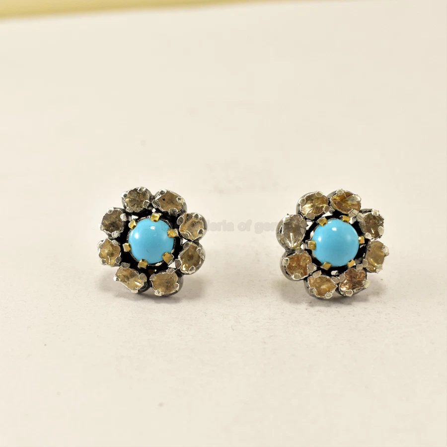 Polki Diamond Earrings With Turquoise 925 Sterling Silver Victorian Jewelry - Image 1 of 4