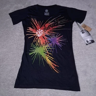 Vintage Y2K Element Skateboard T-shirt Girls Small Black Paint Splatter Spellout - Image 1 of 4