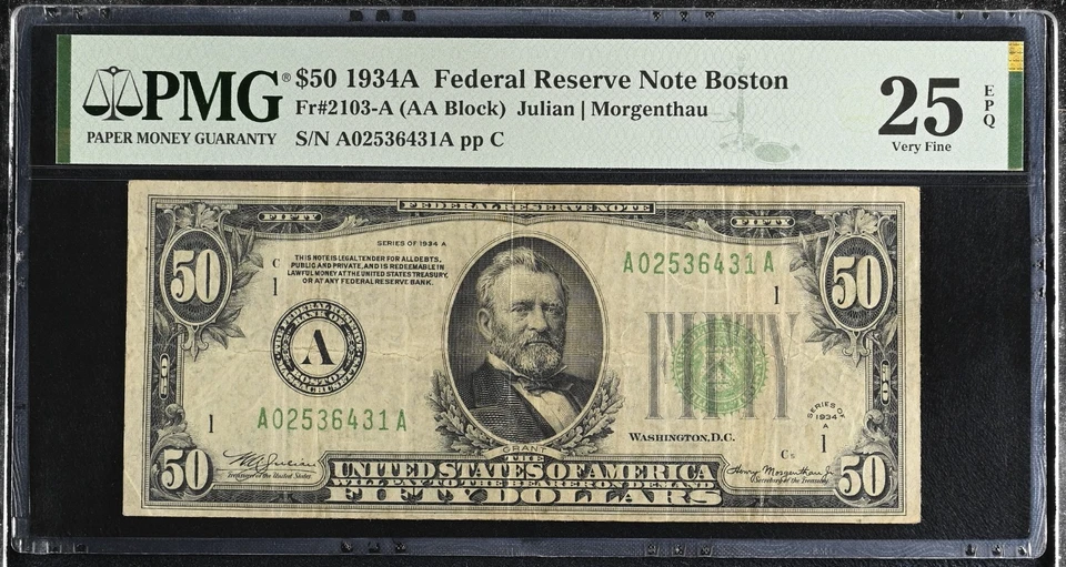 $50 US FEDERAL RESERVE NOTE 1934A FR# 2103-A JULIAN-MORGENTHAU PMG 25 EPQ  - Image 1 of 2