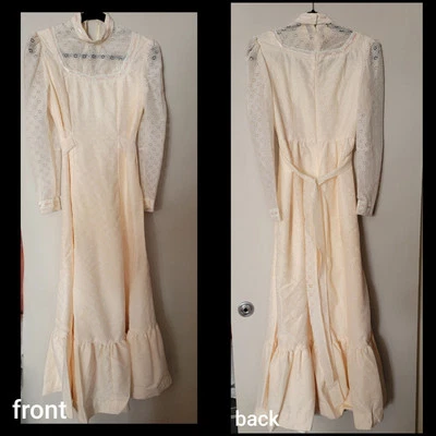 1970s Homemade Gunne Sax Prairie Dress Ivory Lace Bridal Gown Pink Ribbon Accent - Image 1 of 4