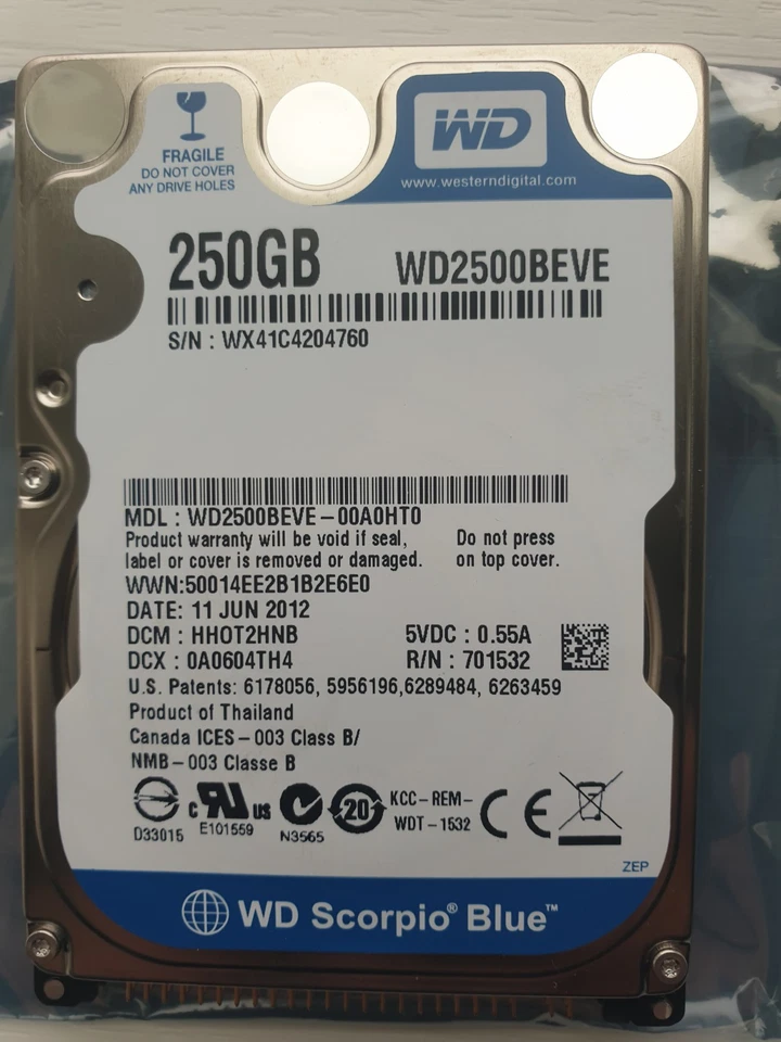 Western Digital 250GB WD2500BEVE-00A0HT0 2.5" IDE HARD DRIVE WD - DCM: HH0T2HNB - Image 1 of 1