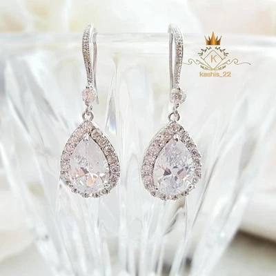 3 Carat Pear Cut Moissanite Drop/Dangle Earrings Solid 14K White Gold For Women - Image 1 of 4