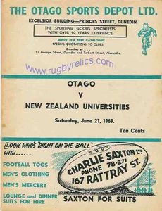 OTAGO v UNIVERSIDADES DE NUEVA ZELANDA 1969 PROGRAMA DE RUGBY en Dunedin, Nueva Zelanda - Imagen 1 de 1
