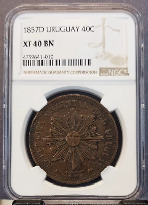 1857 D URUGUAY COBRE 40 CENTAVOS NGC XF 40 BN ESCASO ALTO GRADO Foto 1 de 3