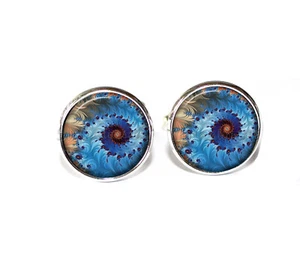 Abstract Pattern Blue Spiral Burst Handmade Round Glass Tile Cufflinks Gift Him - Picture 1 of 7