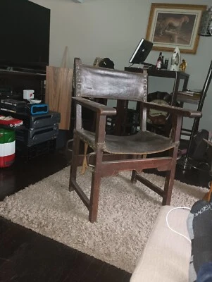 Silla antigua de finales del siglo XVIII respaldo de escalera asiento de bastón tejido pintura roja naranja antigua Foto 1 de 4