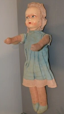 Poupée Ancienne Visage Carton Corps Tissu Bourrage Paille à Restaurer - Photo 1/4