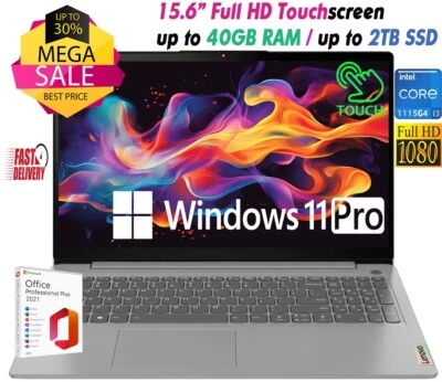 Lenovo Laptop 15.6" Touch Intel i3-1115G4 Upto 40GB RAM&2TB SSD Win11 PRO+OFFICE - Image 1 of 4