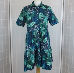 Tommy Jeans Shirt Dress Size M Navy Green Floral Button Down Tiered 100% Cotton - Picture 1 of 14