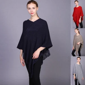 Women Poncho Stole Cape Shrug Wrap Shawl Jacket Jumper Sweater Fringe 8-18 14 16 - Foto 1 di 71