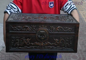 Antigua China Huanghuali Madera Tallada Dragón Murciélago Estatua Joyero Cajas de Almacenamiento - Imagen 1 de 11